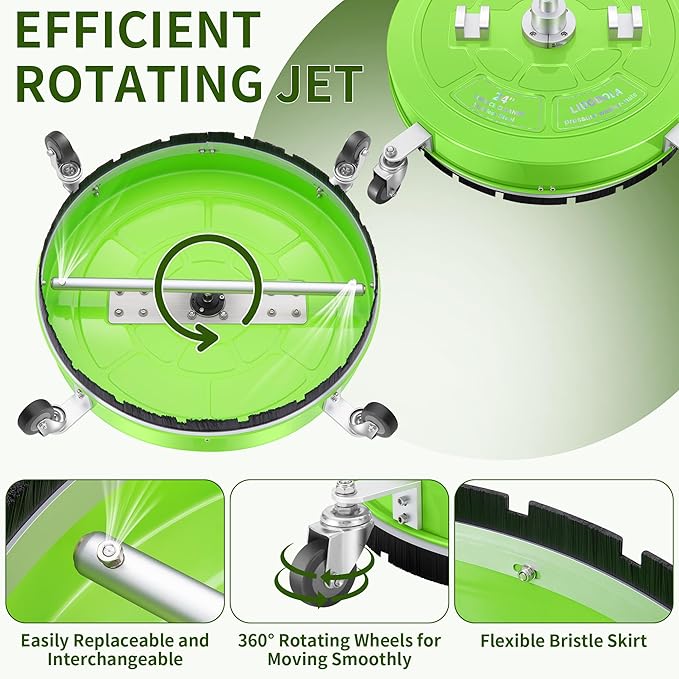 24“ Pressure Washer Surface Cleaner with 4 Wheels - Coated Green Dual Handle Stainless Steel Surface Cleaner for Pressure Washer Attachment for Concrete, Patio, Sidewalk, Deck and Driveways - PWS24G