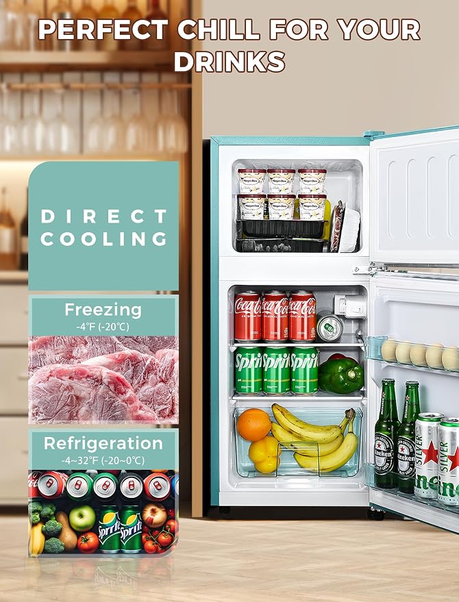 Anypro 3.2 Cu.Ft Refrigerator, Retro Double Door Fridge with Freezer, 7 Adjustable Temperature Settings, Removable Glass Shelves for Dorm, Office, Bedroom, Apartment, Blue