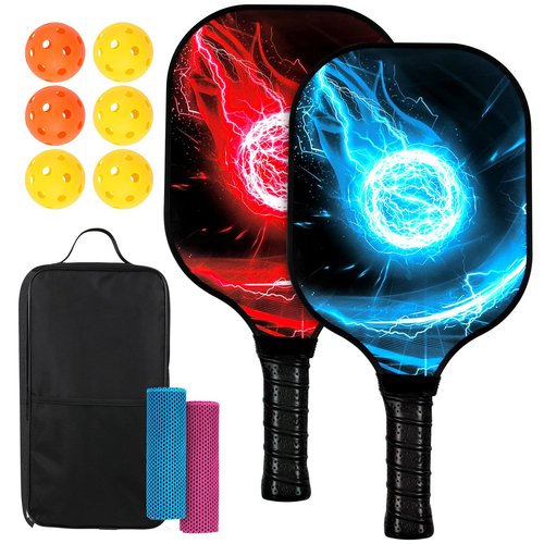 11 Pcs Pickleball Paddles Set Fiberglass Pickleball Set Carbon Fiber 2 Pickleball Paddle Lightweight Racket with 4 Outdoor 2 Indoor Pickleball Balls 2 Cooling Towels & Carry Bag Gift for Men Women