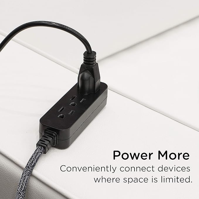Cordinate 3-Outlet Power Strip Extension Cord with Multiple Outlets 15 Ft Braided Long Cord, Grounded Flat Plug, ETL Listed Gray 50012