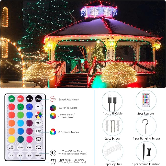 118Ft Solar String Lights Outdoor Waterproof, 18 Colors Changing 300 LED Christmas Lights Solar Powered & USB with Remote, RGB Twinkle Light for Xmas Outside Tree Yard Party Indoor Decoration