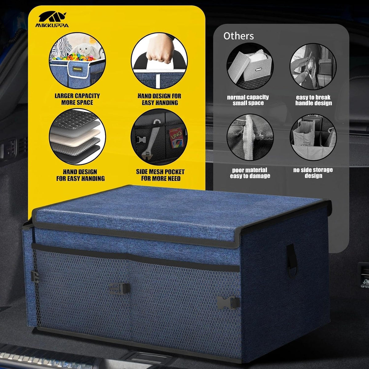 MIKKUPPA Car Trunk Organizer - 65L Collapsible Trunk Organizer with Lid, Sturdy Car Storage for SUV Auto Truck Van with Adjustable Straps and Non Slip Bottom (Blue)