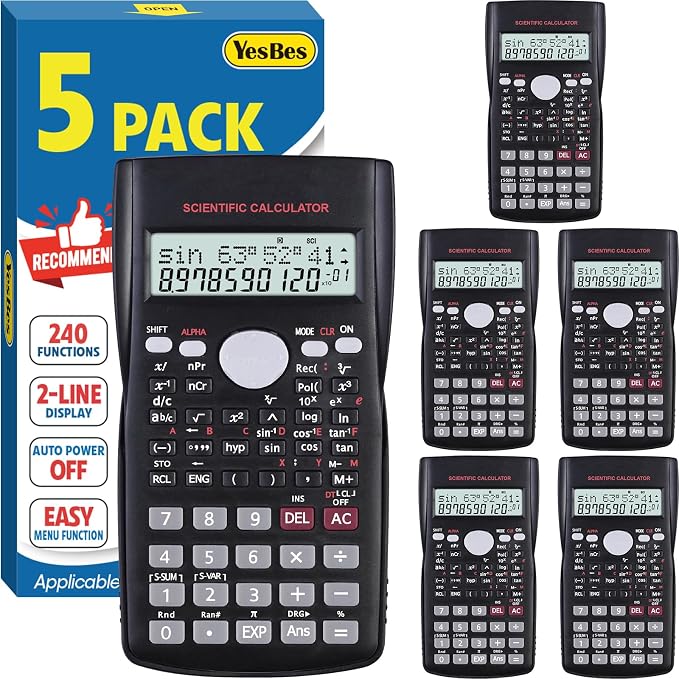 5 Pack Scientific Calculators, 2-Line Large Screen Display 240 Functions
