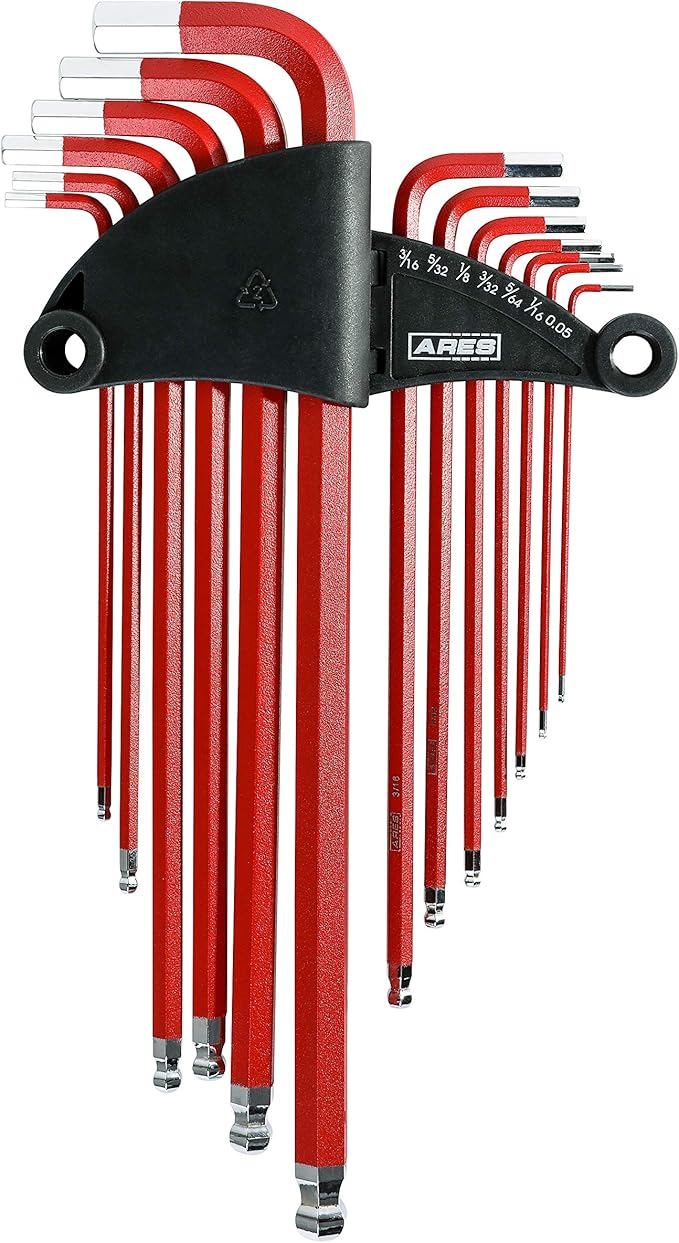 ARES 70164-13-Piece SAE Long Arm Ball End Hex Key Wrench Set - Chrome Finish with Red High Visibility Anti-Slip Coating - Convenient Storage Case Included
