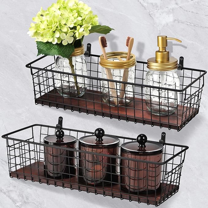 SheeChung 2 Set [Extra Large] Portable Metal Farmhouse Wall Decor Storage Organizer Basket Bin with Handles & Floating Shelves for Hanging in Bathroom, Kitchen, Office-Wall Mount Hooks, Black