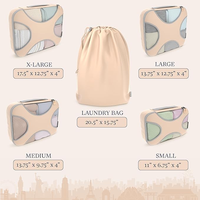 Shacke Premium 5 Packing Cubes Set - Lightweight Mesh Travel Luggage Organizers with Laundry Bag, 5-Piece Suitcase Storage System (Nude Beige)