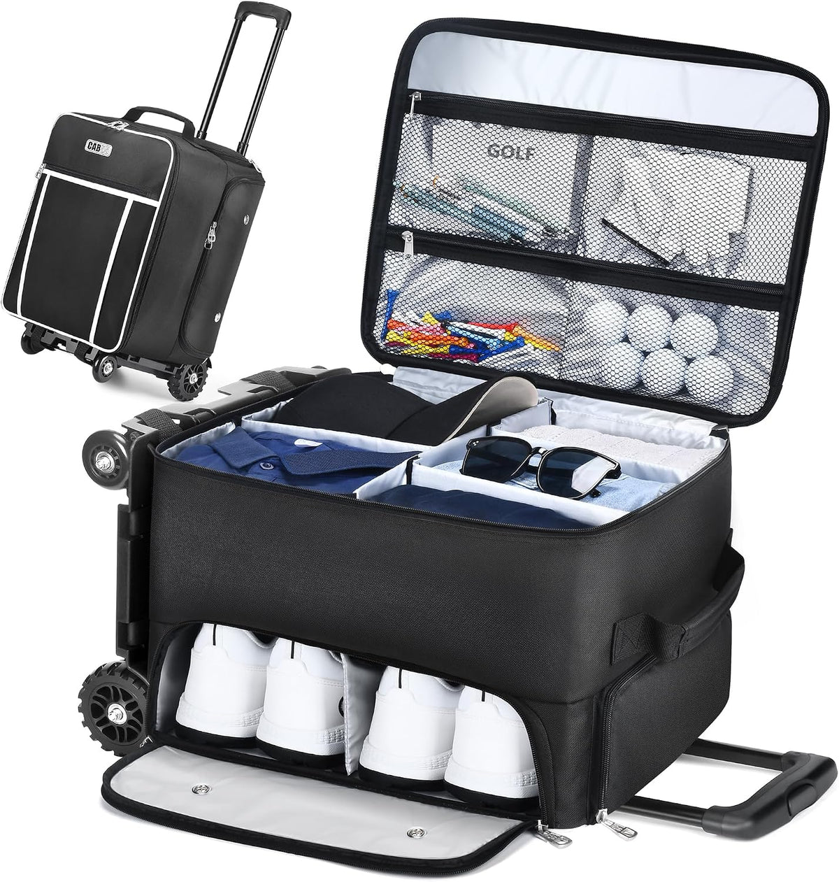 CAB55 Golf Trunk Organizer with 4 Wheels, 2 Layer Waterproof Car Golf Organizer with Separate Ventilated Compartment for 2 Pair Shoes, Golf Trunk Storage for Clothes, Accessories, Golf Gifts