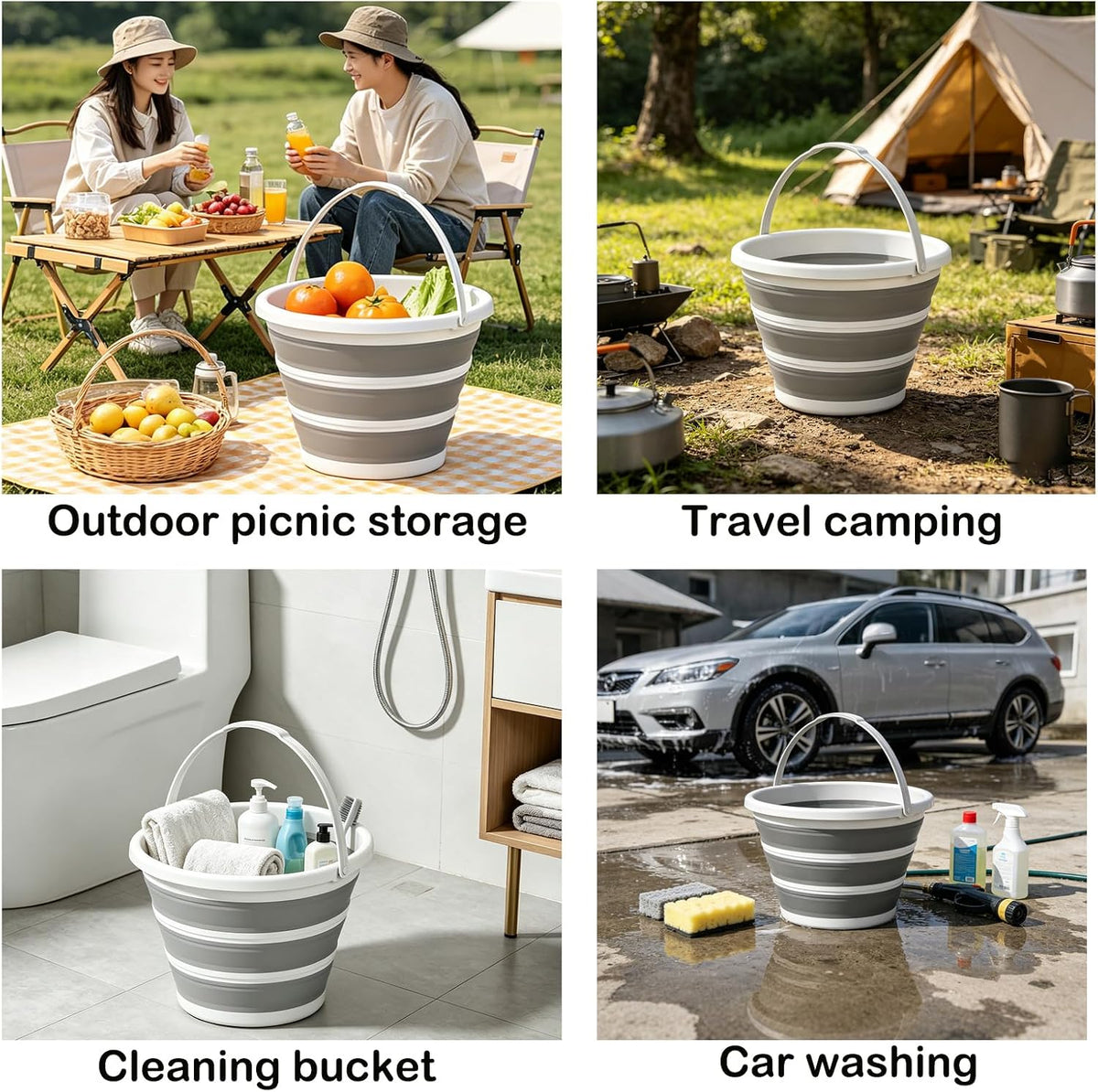 Collapsible Bucket with Handle 10L (2.6Gal), BPA Free Foldable Round Plastic Water Bucket, Portable Space Saving Tub for Car Washing Gardening Camping Fishing Home Cleaning (Grey, 10L)