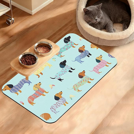 Dachshund Dog Cat Food Mat,Absorbent Waterproof Placemat for Food and Water Non Slip Rubber Backing Durable Feeding Pad for Clean Floors 12" x 20"