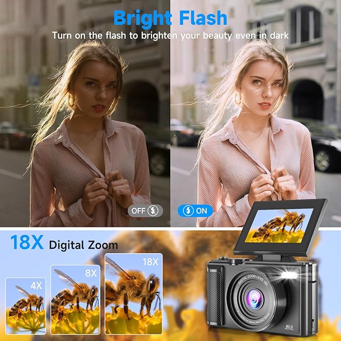 5K Vlogging Digital Camera for Beginners, 80MP Travel Camera for Photography