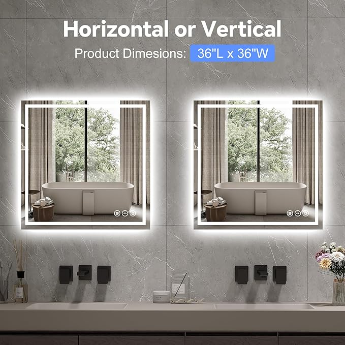 LED Bathroom Mirror 36x36 Inch Anti-Fog Bathroom Mirror with Lights, Wall Mounted Lighted Vanity Mirrors, Dimmable, Backlit + Front Lit, Smart Bathroom Vanity Mirror with 3 Colors Temperature
