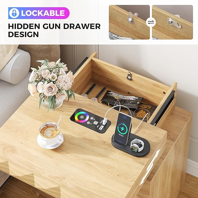 LED Nightstand with Charging Station,3 Drawers Night Stand with Lockable Hidden Storage,Smart Bedside Table with Human Sensor RGB Lights for Bedroom,Wood
