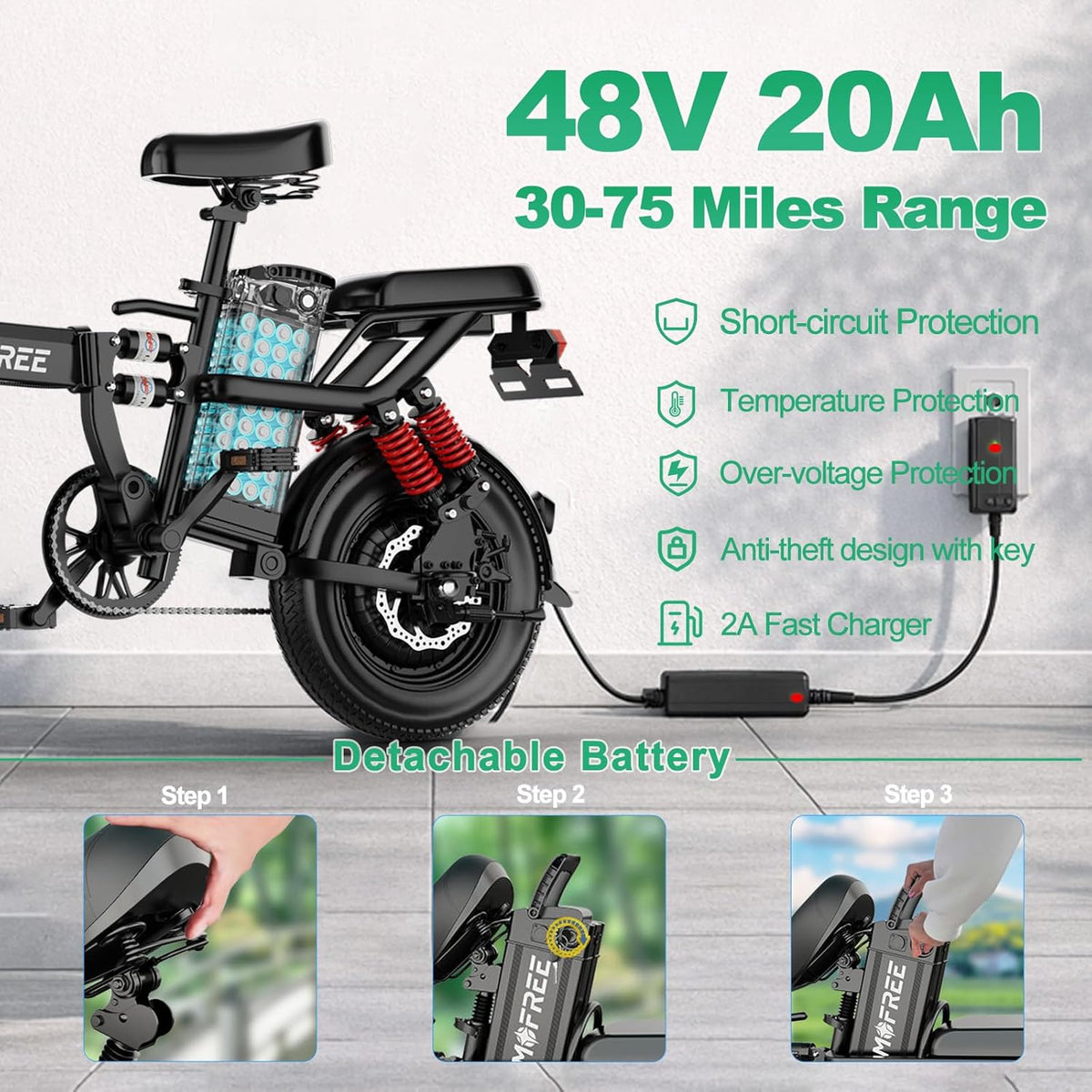 Tomofree Folding Electric Bike - 750W Peak Power, 20-24MPH, 48V 20AH Battery, 14" Fat Tires | 35-75 Miles Range