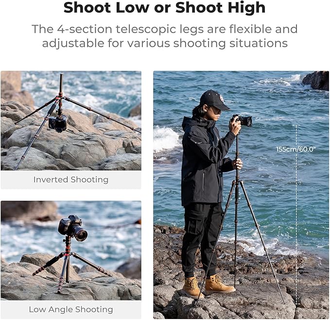 K&F Concept 60 inch Carbon Fiber Camera Tripod, Super Lightweight Compact