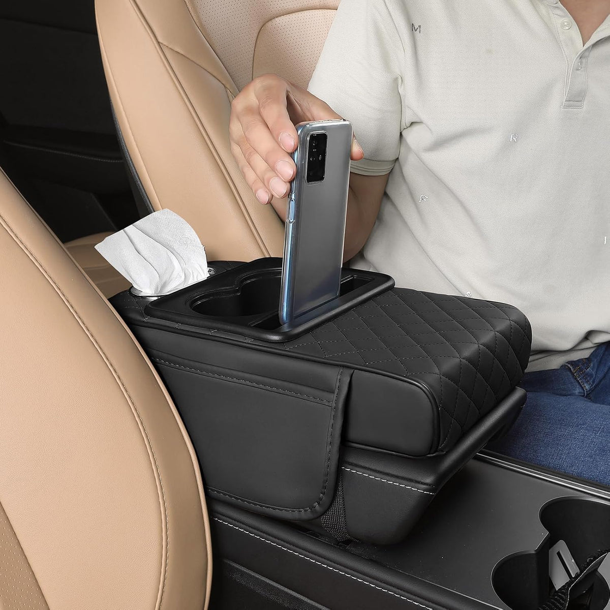 FREESOO Universal 5-in-1 Car Middle Center Console Cover with Cup Holder