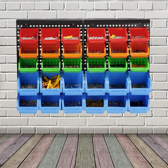 Wall Mounted Storage Bins Parts Rack 4 Colors Garage Plastic Shop Tool Organizer, ABS Plastic Garage Rack, Screw Storage 120 Bins