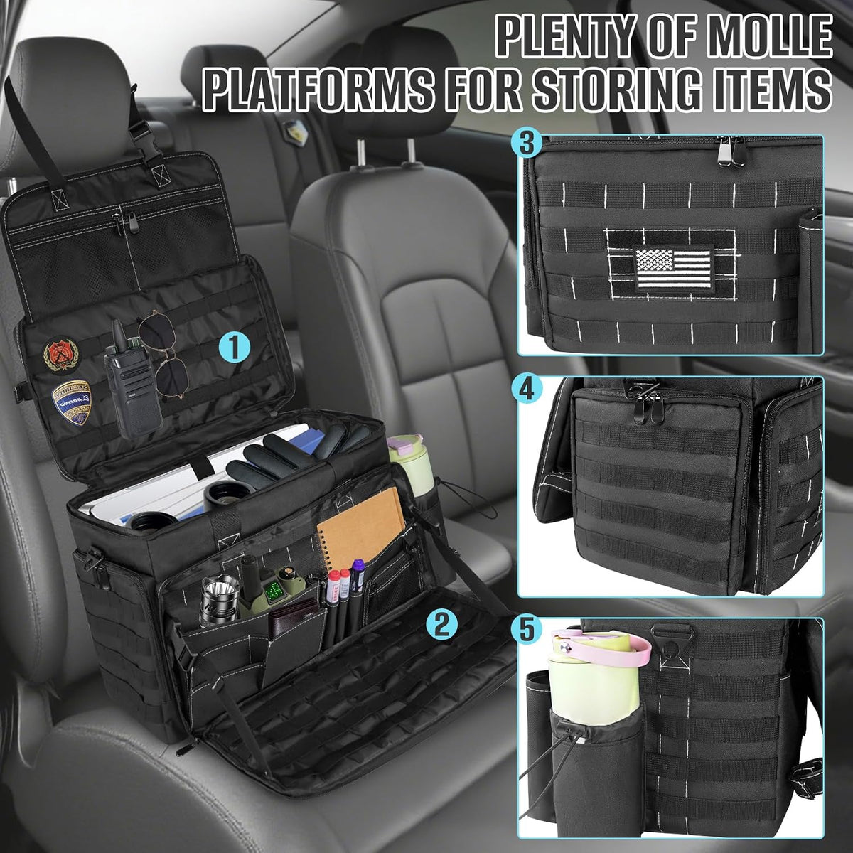 LIWSHWZ Patrol Bag Law Enforcement,Police Gear Bag for Car Front Seat Organizer with 15.6” Laptop Layer and Cup Holders,Multiple Compartments Police Duty Bags Fit Vehicle Passenger Seat