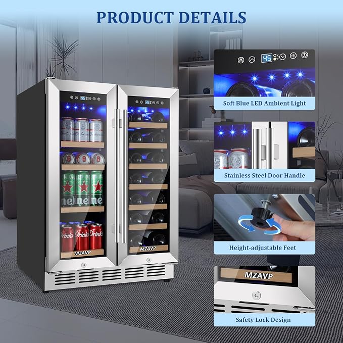 24 Inch Wine and Beverage Refrigerator, Dual Zone Wine Beverage Fridge with Glass Door, Built-In/Freestanding Beverage Cooler 24" with French Door, Holds 20 Bottles and 88 Cans for Home/Kitchen