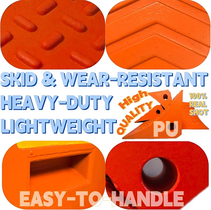 Heavy Duty Orange PU Wheel Chocks with Reflective Strips - Set of 2/4,S/M,All-Weather, Non-Slip & Portable Parking Security for Truck, RV, Trailer (4, M)
