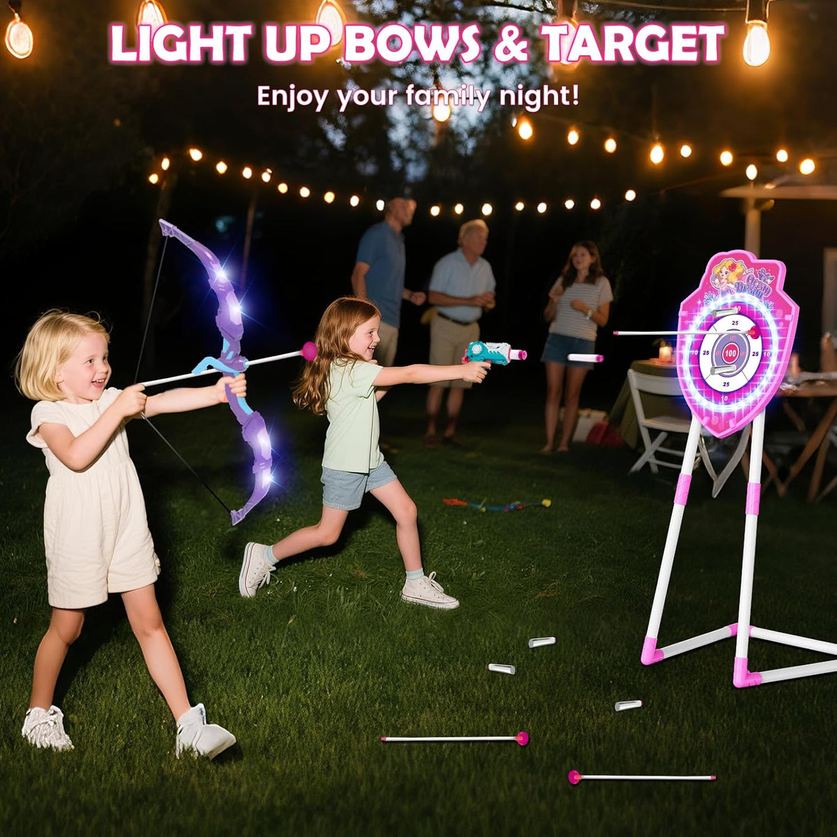 VATOS Bow and Arrow Toy Set - 4-in-1 Archery & Dart Game with LED Light, 20 Suction Cup Arrows & Mermaid Target | Indoor/Outdoor Gift for Kids Ages 5-12