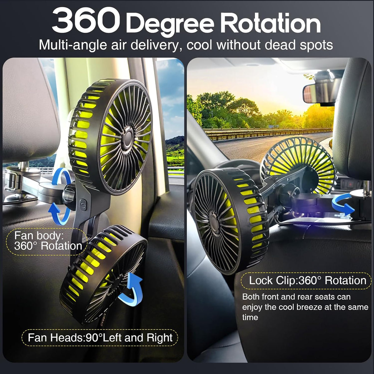 Dealswin Car Fan for Backseat kids, Dual Head USB Car Seat Fans, 360° Rotatable Strong Wind Rear Headrest CarFan for Baby, Air Circulation Fan with Adjustable Clip for Vehicles SUV RV