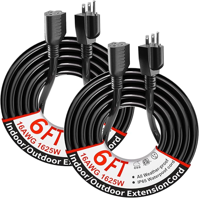 PlugSaf 2 Pack of 6Ft Black Outdoor Extension Cord 16/3 Gauge Waterproof, Cold Weatherproof -58°F, Flame Retardant, Flexible 3 Prong Electric Cord for Lawn Office,13A 1625W 16AWG SJTW, ETL Listed