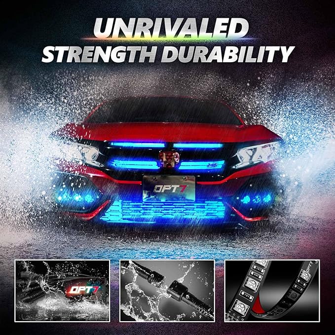 OPT7 Aura Pro RGB LED Grille Lights with App & Remote Control, 4pcs 12" Light Strips, Waterproof Front Grill Valence, Music Sync, Multi-Color Exterior Lighting Kit, Universal for Cars Trucks Vans SUV