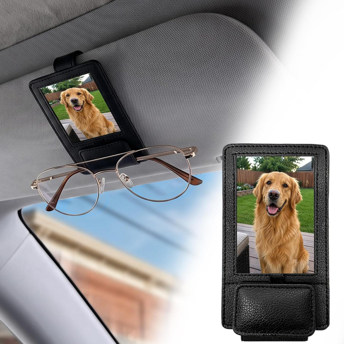 Sunglass Holder for Car Photo Holder 2 in 1 Leather Magnetic Sunglasses Holder for Tesla/Truck/Suv/RV/Car Visor Photo Holder & Sunglasses Clip Family Pet Photos 2026 Car Accessories Gift for Women Men