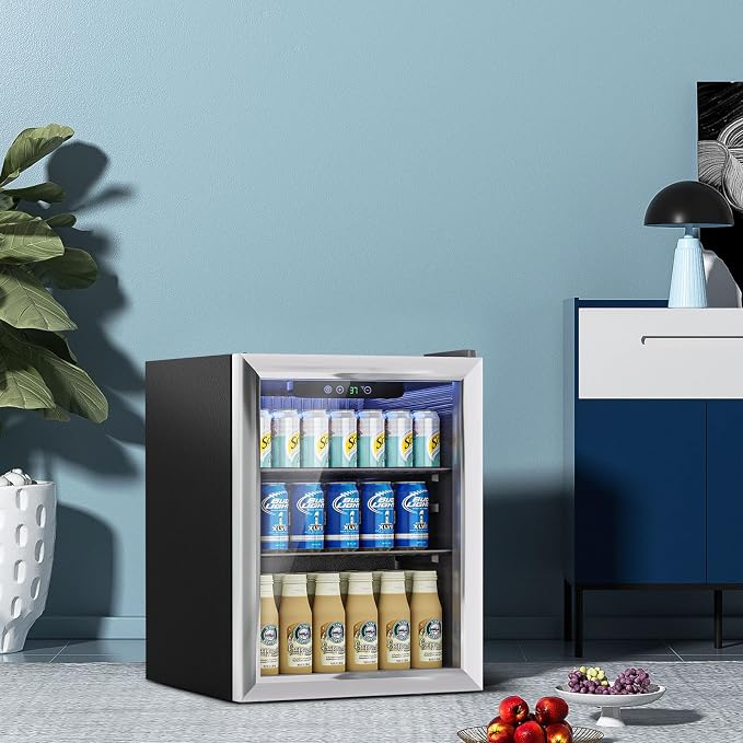 Stopasd Beverage Refrigerator Cooler, 1.7 Cu.Ft/76 Can Drink Fridge with Adjustable Shelves & Glass Door for Soda Wine Beer, Quiet Undercounter Small Fridge for Home/Office/Bar/Garage(37°-61℉), Black