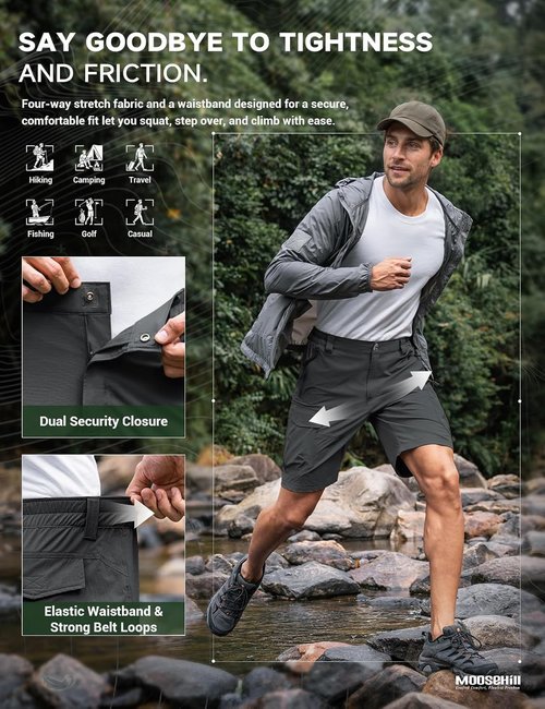 Moosehill Hiking Shorts - Lightweight Quick-Dry Cargo Shorts with 8 Pockets | Water-Resistant for Outdoor Adventures