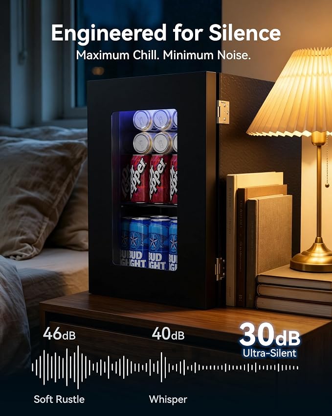 0.6 Cu.ft Beverage Cooler, Compressor Glass Door Mini Fridge 40-61°F Black | Freestanding for Office & Bedroom, Quiet Compressor, Low Energy Use, Holds Soda, Beer & Canned Drinks