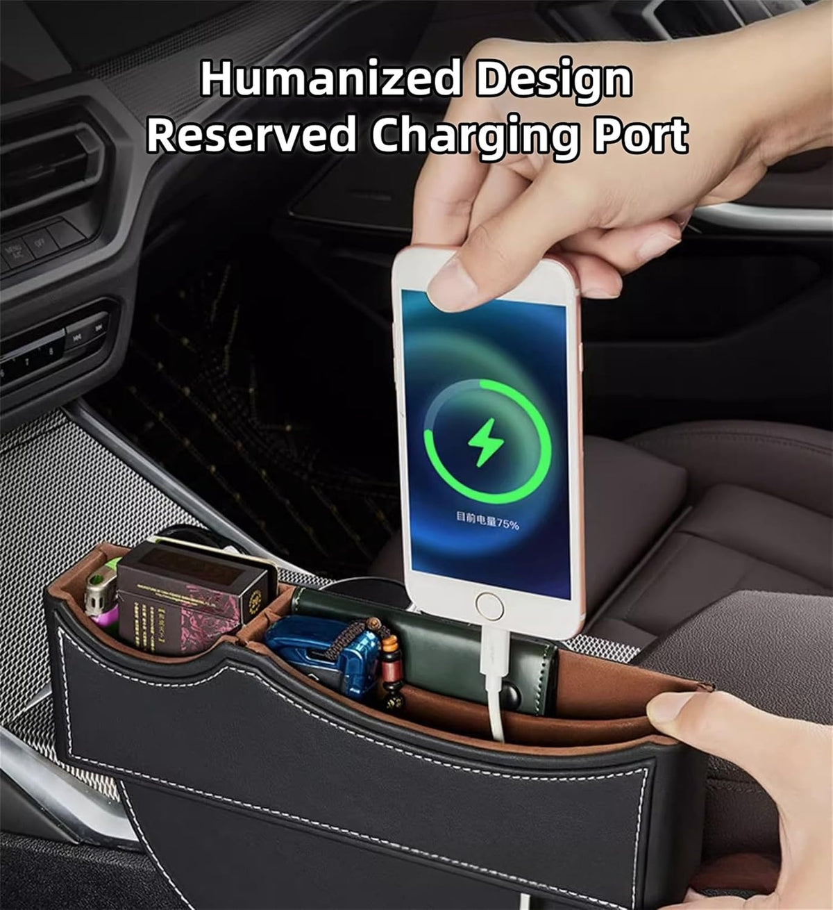 Car Seat Gap Organizer Large Capacity Leather Storage Box with Charging Port Multi-Purpose Car Seat Crevice Storage Solution for Phones Wallets Cards Ideal for Car Organization (Modern, Black-Double)