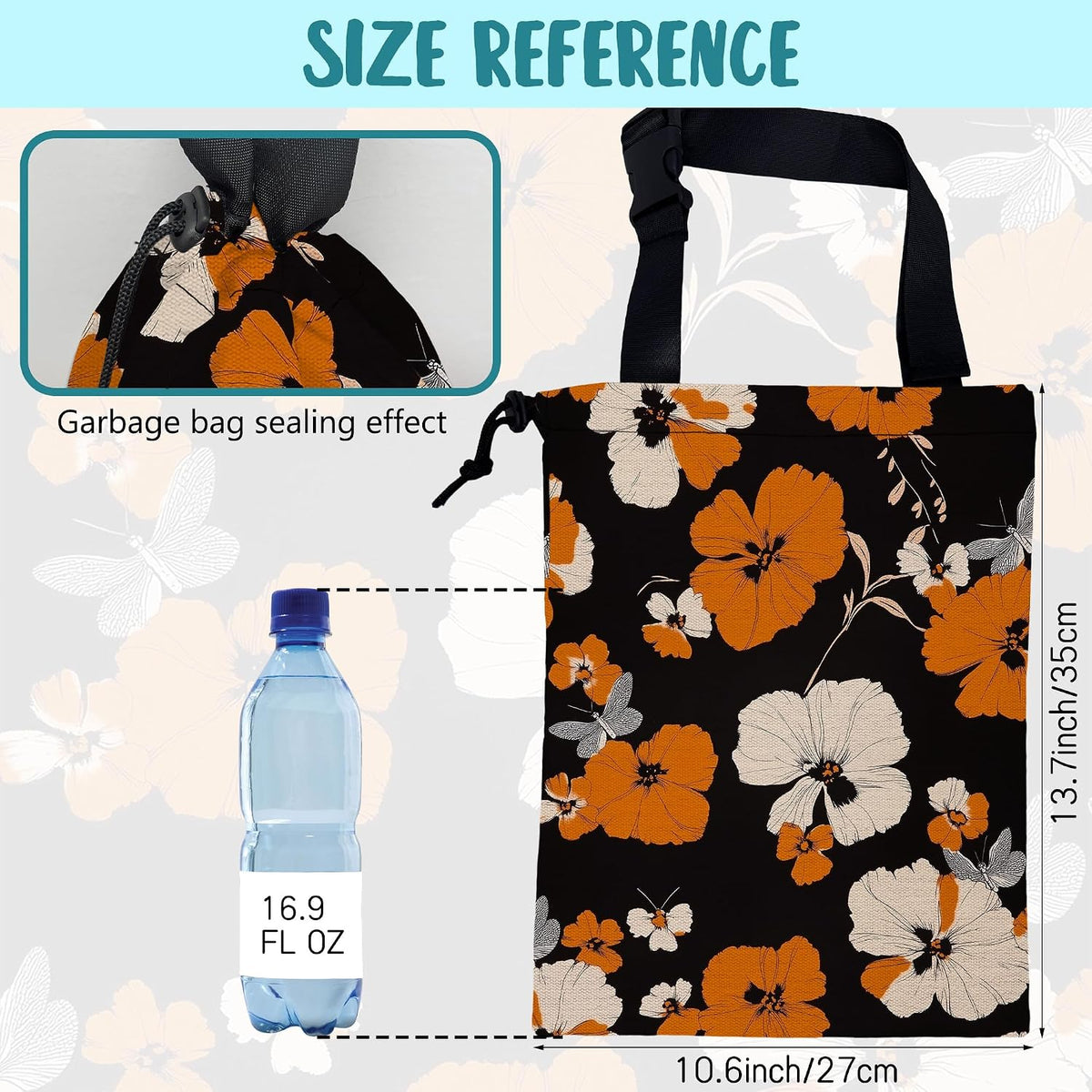 Car Garbage Bag Orange and White Floral and Butterfly Drawstring Car Trash Bag Hanging for Back Seat with Adjustable Buckle Canvas Vehicle Trash Can Easy-to-Install