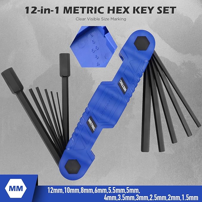 12-Piece Large Folding Hex Key Set Metric (1.5-12mm), Heavy Duty Allen Wrench Set, Portable Tool for Archery, Bike Repair, Furniture, and Basic Home Maintenance (Blue)