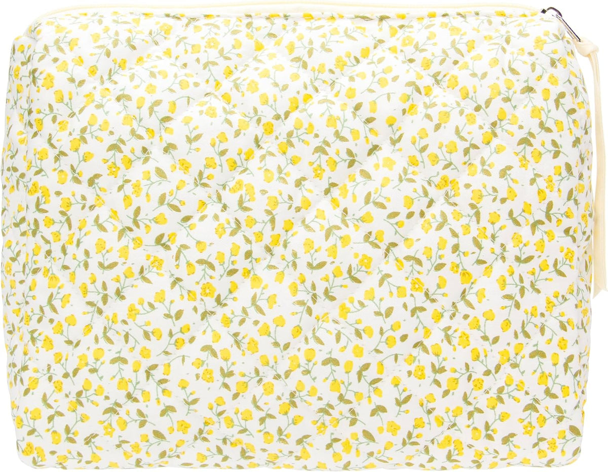 Quilted Makeup Pouch for Women, Travel Cosmetic&Toiletry Bag,Floral Yellow