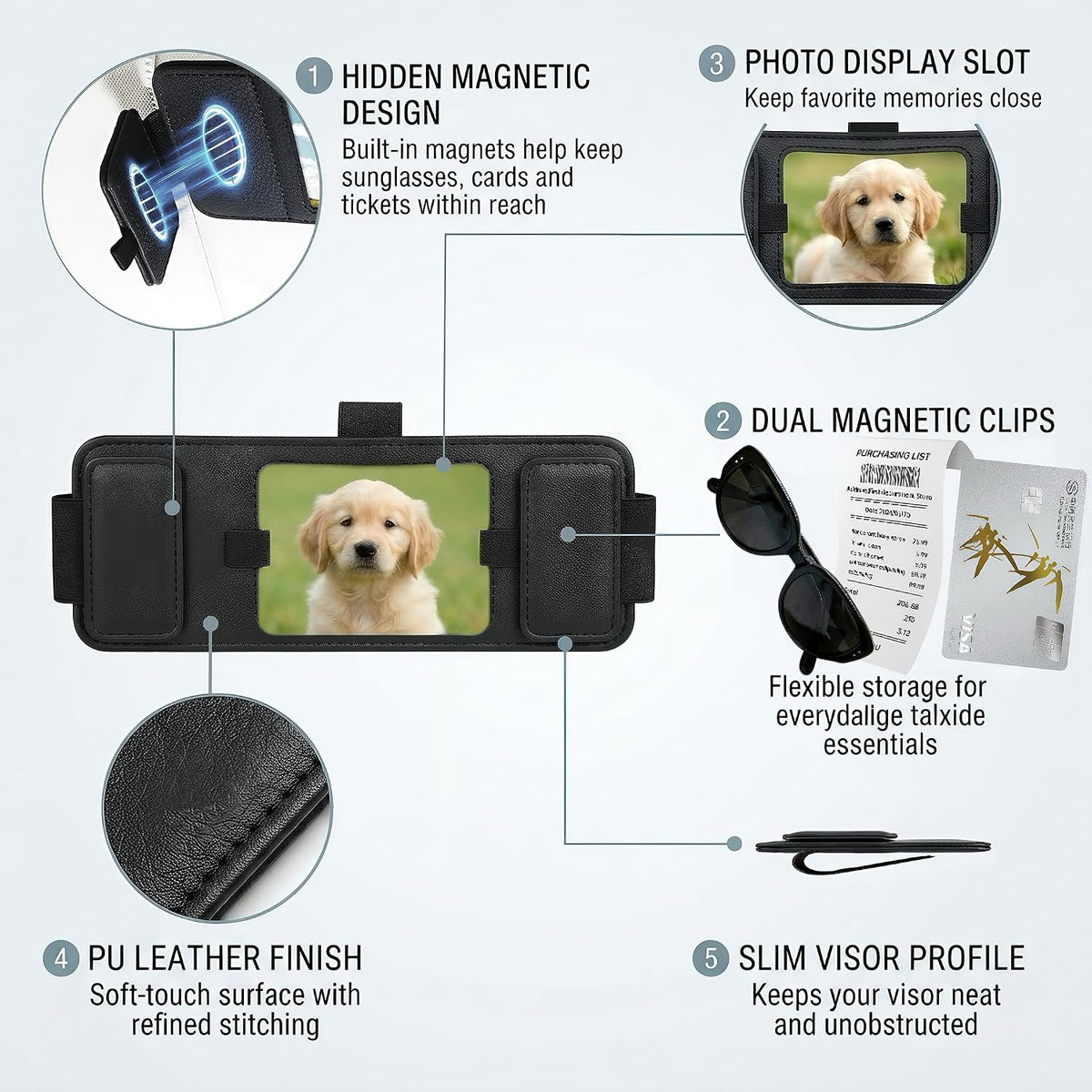 Magnetic Sunglasses Holder for Car Visor,Photo Slot,Black