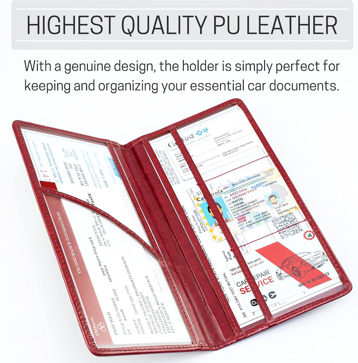CANOPUS Car Registration and Insurance Holder, PU Leather Card Holder, Vehicle Glove Box Organizer for Auto, SUV, Truck, Red