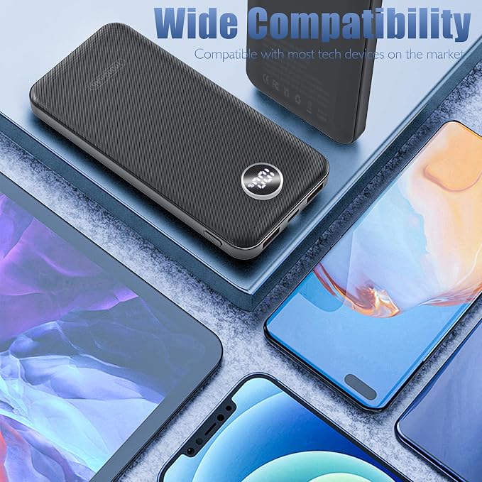 Portable Charger, Compact 10000mAh Power Bank with Type-C Cable, 22.5W Fast Charging External Battery Pack with LED Digital Display for iPhone and Android Black