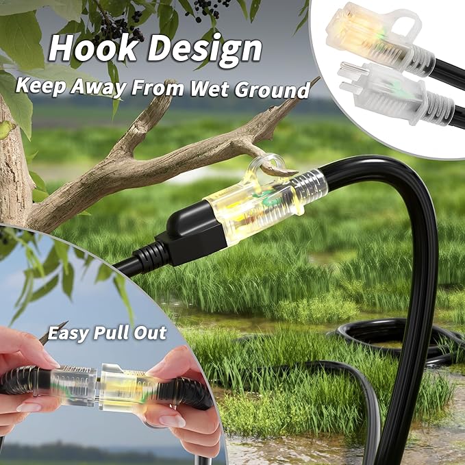 PlugSaf Black 16/3 Gauge Outdoor Extension Cord 150 ft Waterproof with Lighted Indicator,Flexible 3 Prong Long Extension Cord Outside, Cold Weatherproof -40°C, 10A 1250W 16AWG SJTW, ETL Listed