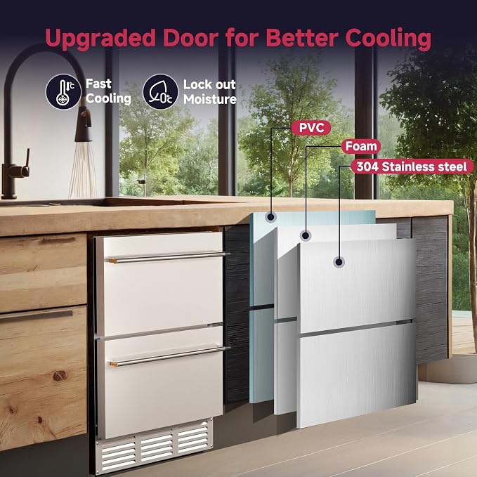 24 Inch Under Counter Drawer Fridge, Stainless Steel Beverage Refrigerator Built-In For Home & Commercial Use, Stainless Steel Silver, Outdoor Refrigerator for Soda, Beer, Wine