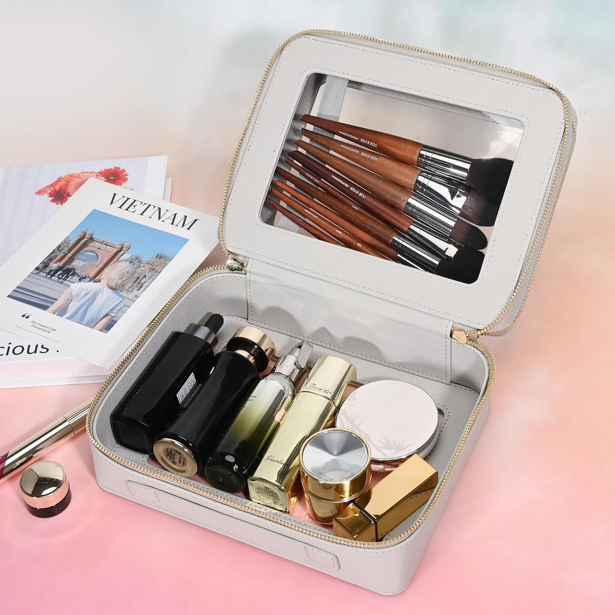 Aveniee Clear Makeup Bags, Double Layer Cosmetic Bags with a Separate Brush Compartment, Large Travel Toiletry Bag Train Case for Women, Travel Accessories Organizer,2 Layers Large, Grey
