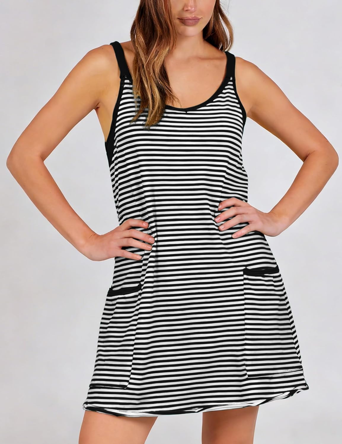 Zhiyouni Women's Athletic Mini Dress - Sleeveless V-Neck with Built-In Shorts | Striped Tennis Vacation Wear