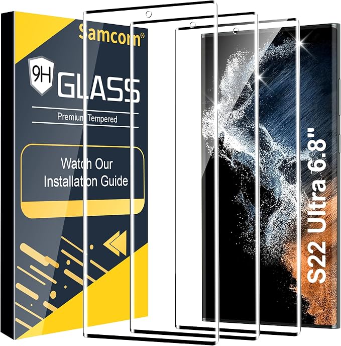 3 Pack Galaxy S22 Ultra Screen Protector, HD Clear Tempered Glass, Fingerprint