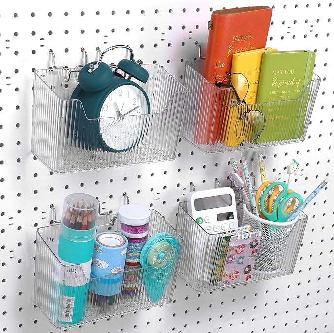 Suzile 4 Pcs Pegboard Bins Plastic Bins Set 7.9 x 3.3 x 4.7'' Pegboard Containers with Metal Hooks Organizing Assortment Accessories for Organizing Storage Tools Storage Workbench Garage (Clear)
