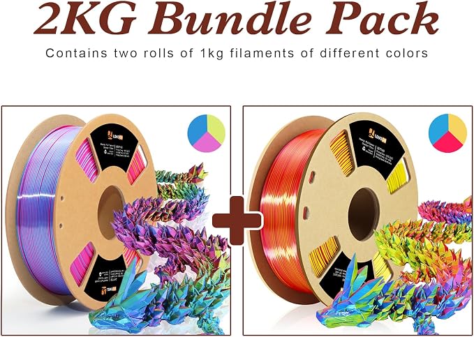 LOVOON Silk PLA 3D Printer Filament Bundle 2 KG, PLA Filament 1.75mm, Shiny