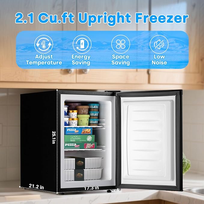 Erivess 2.1 Cu.ft Upright Freezer, Small Mini Freezer with 7 Temp Settings | Large Capacity, Energy Saving & Low Noise Free Standing Single open Door Mini Freezer for Home, Apartment, Garage, Dorms