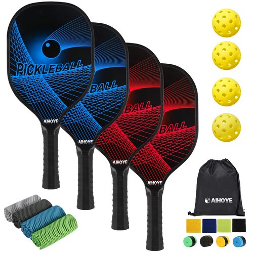 Aihoye Pickleball Paddles Set of 4, Wooden Rackets with Cushion Grip, Indoor & Outdoor, 4 Balls & 1 Carry Bag