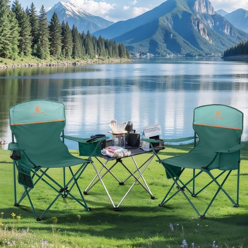 LET'S CAMP Folding Camping Chair Set - Portable 2-Pack with Cooler Bag & Cup Holder | Supports 350LBS, Green