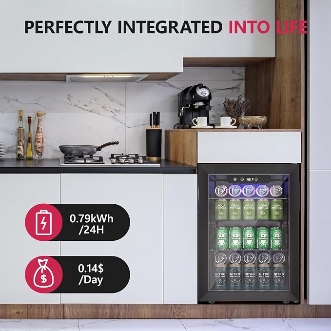 100 Can Beverage Refrigerator Cooler, 2.7 cu.ft Mini Fridge Glass Door for Beer Drinks Wines, Freestanding Beverage Fridge with Adjustable Shelves Blue LED for Home/Office/Dorm/Bar, Black