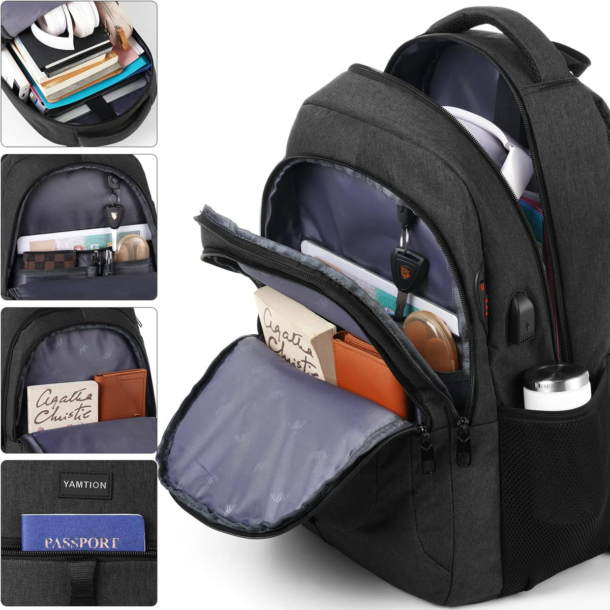 YAMTION Black Backpack - Versatile Laptop Bag with USB Port for School & Work | Unisex Design